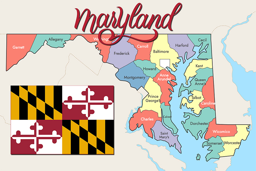 Divirsified Tag and Title Services Maryland Inspection page image of the state of Maryland with the flag and state script.